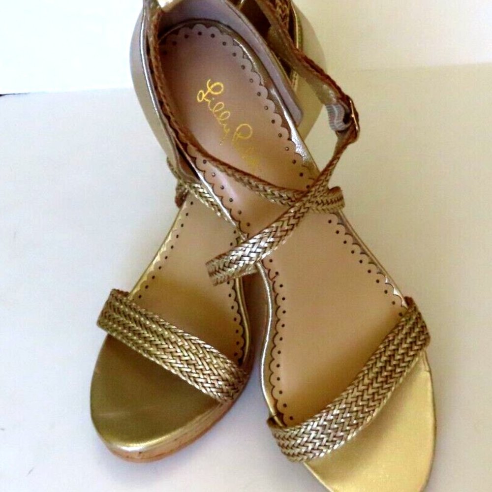 Lilly Pulitzer Ladies Wedge Sandals Maddie Cork Heel Gold Leather Size 8.5 New